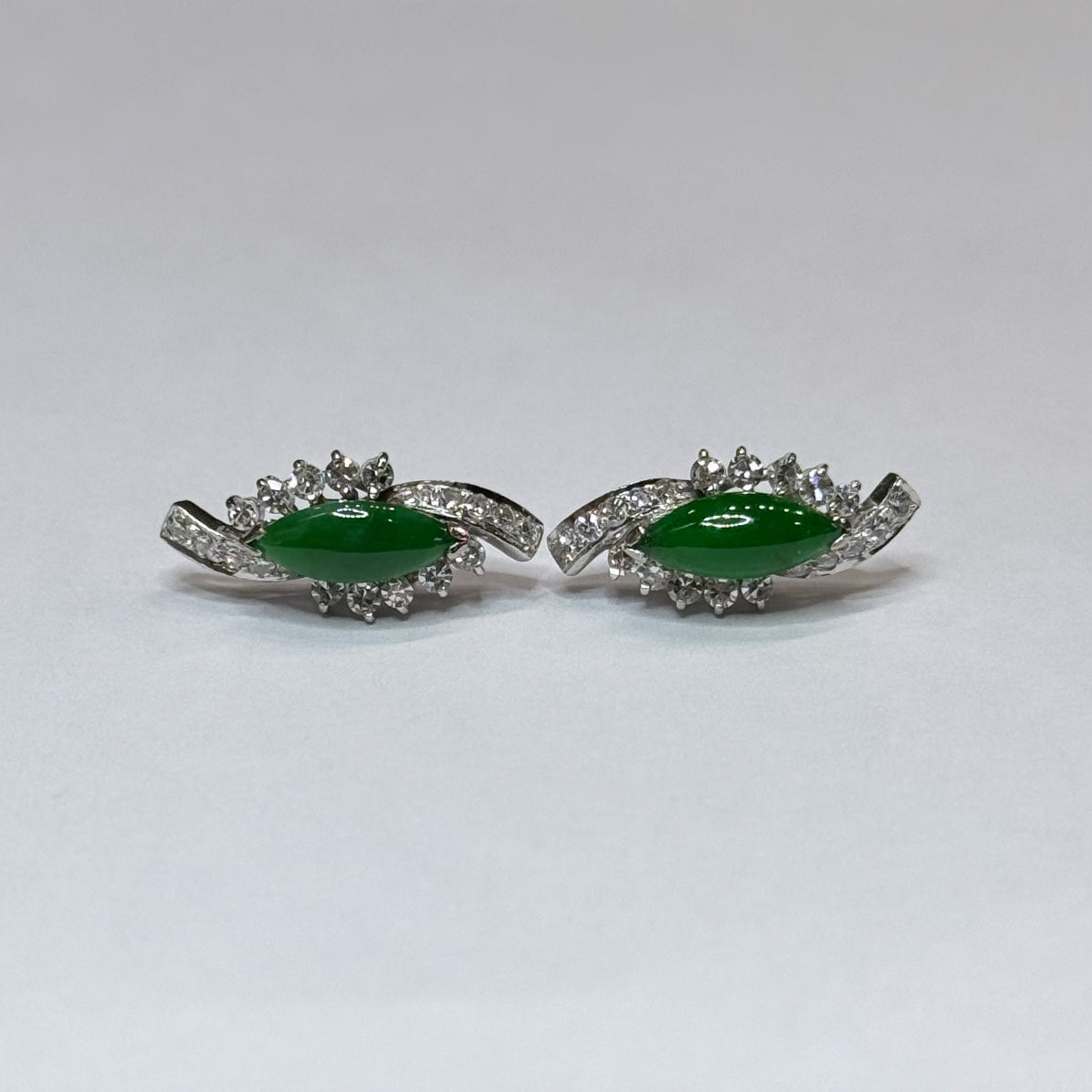 14k Marquise Shape Jade & Diamond Earrings