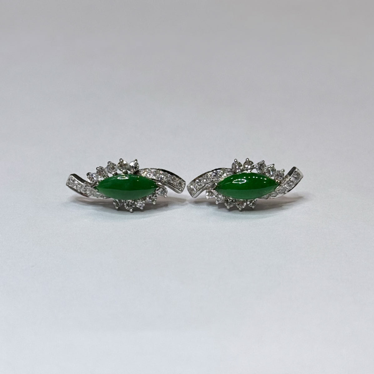 14k Marquise Shape Jade & Diamond Earrings