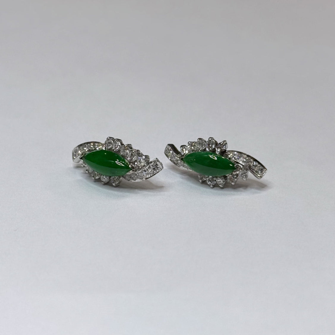 14k Marquise Shape Jade & Diamond Earrings