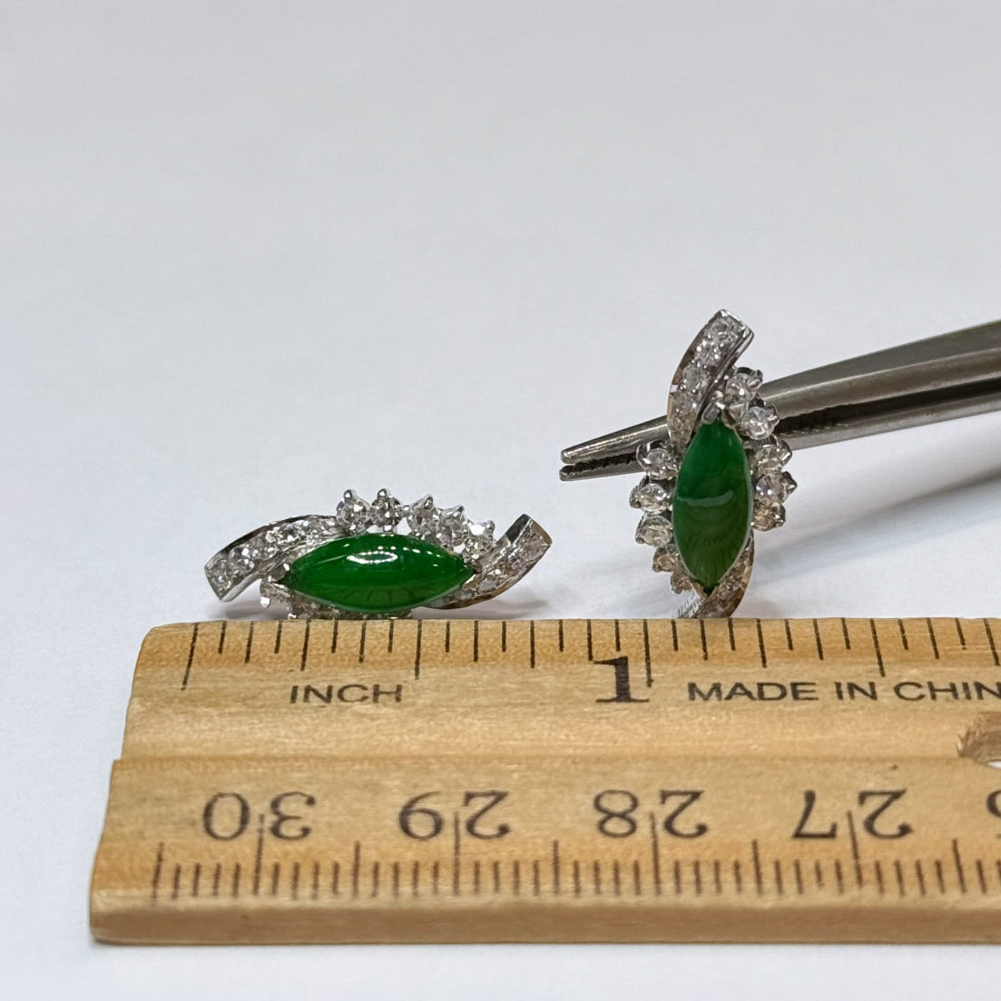 14k Marquise Shape Jade & Diamond Earrings