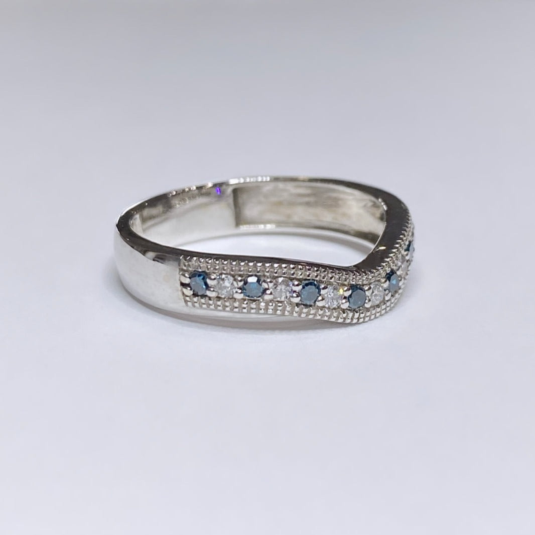White & Blue Diamond Curved Band 14k