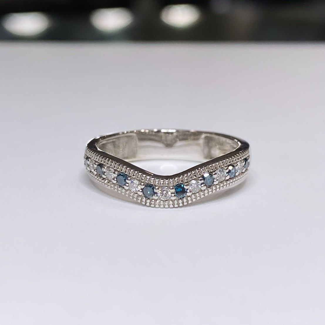 White & Blue Diamond Curved Band 14k