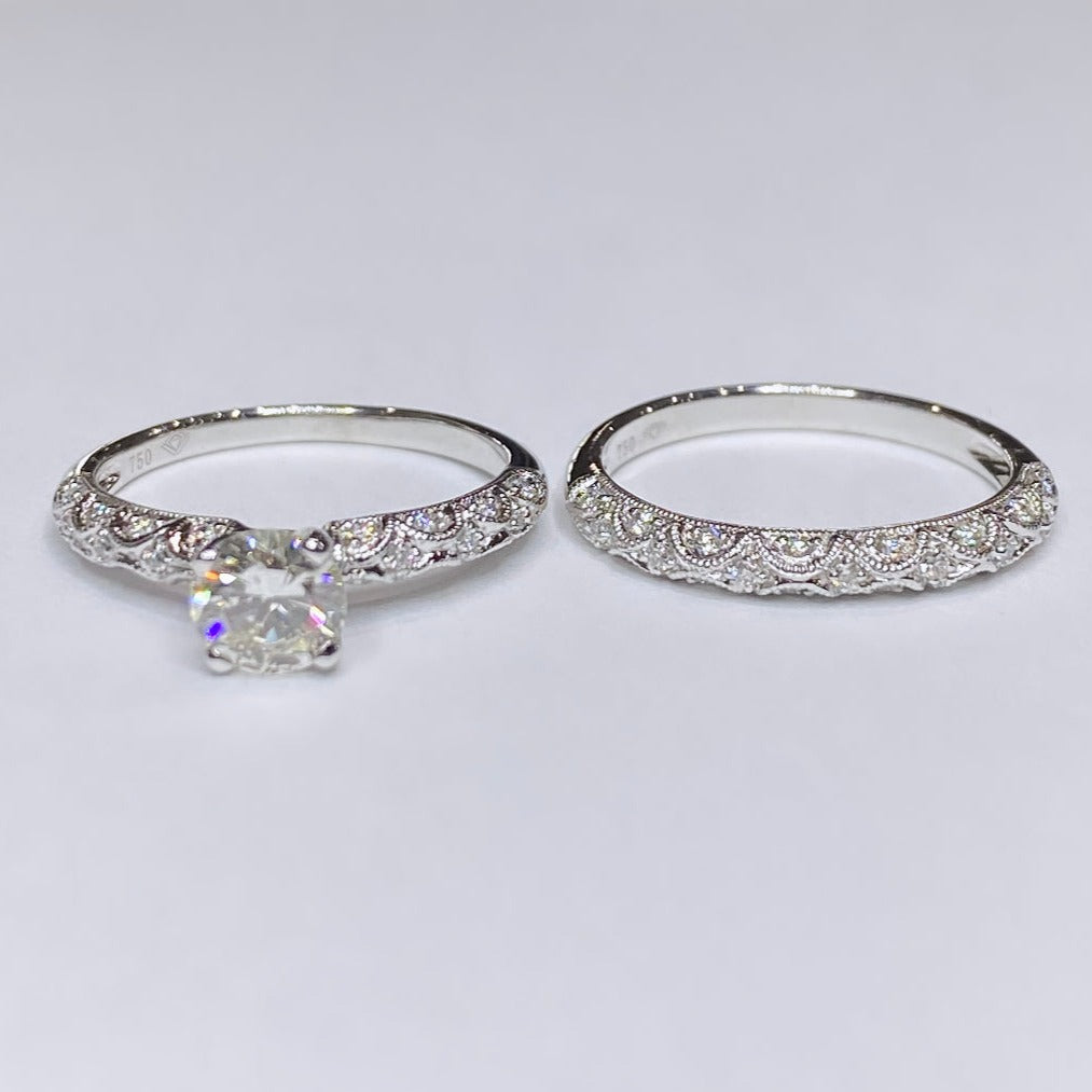 18k Round Brilliant Milgrain Dome Bridal Set