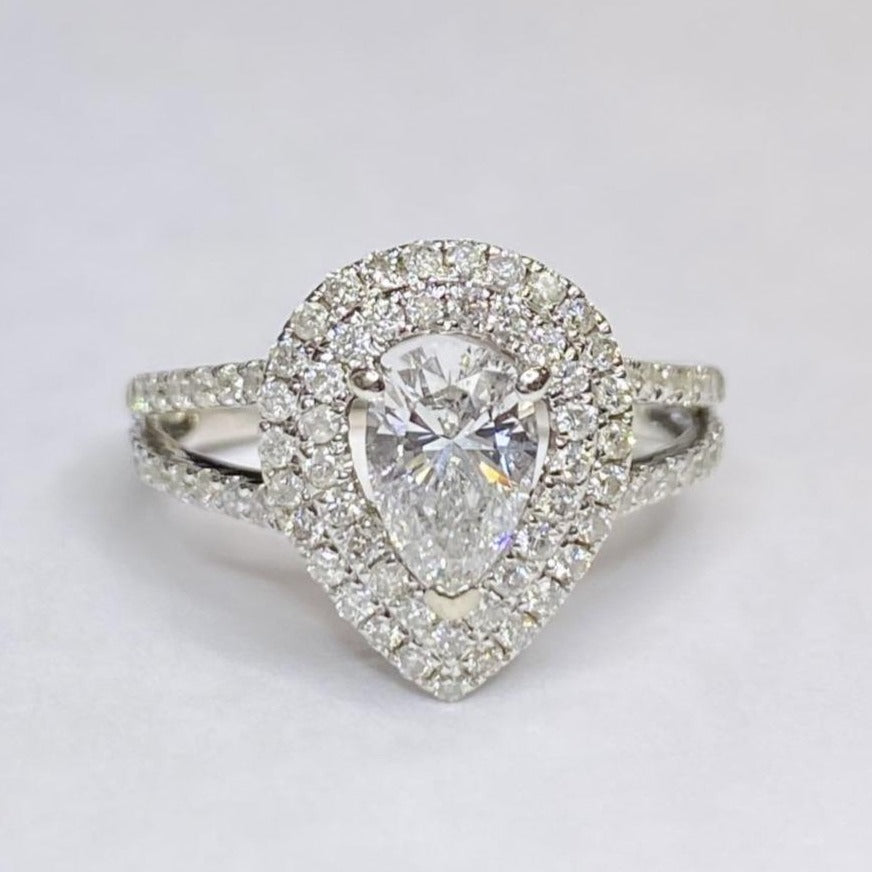 14k Double Halo Pear Shape Ring