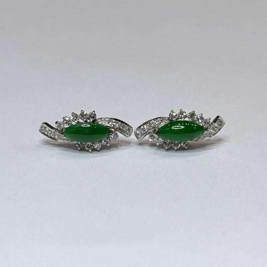 14k Marquise Shape Jade & Diamond Earrings