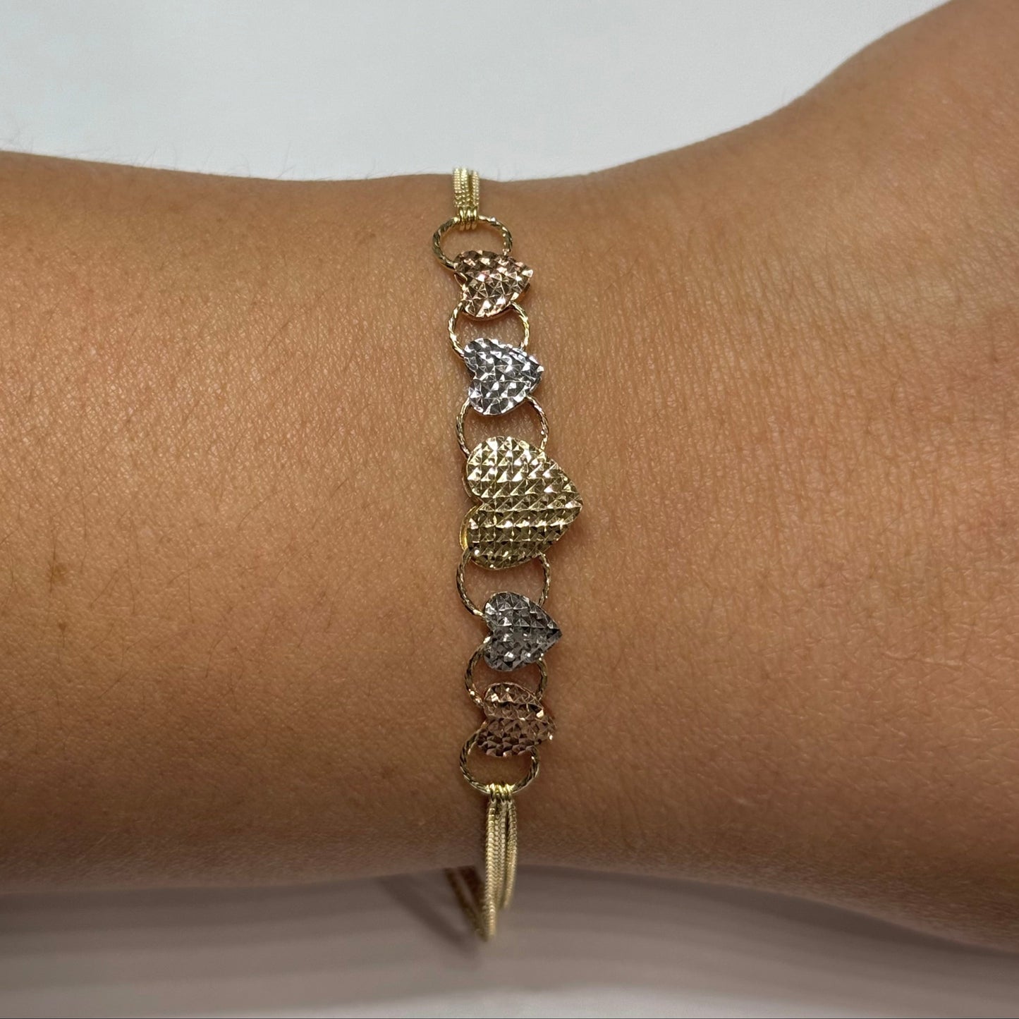 14k Tricolor Reversible Hearts Bracelet