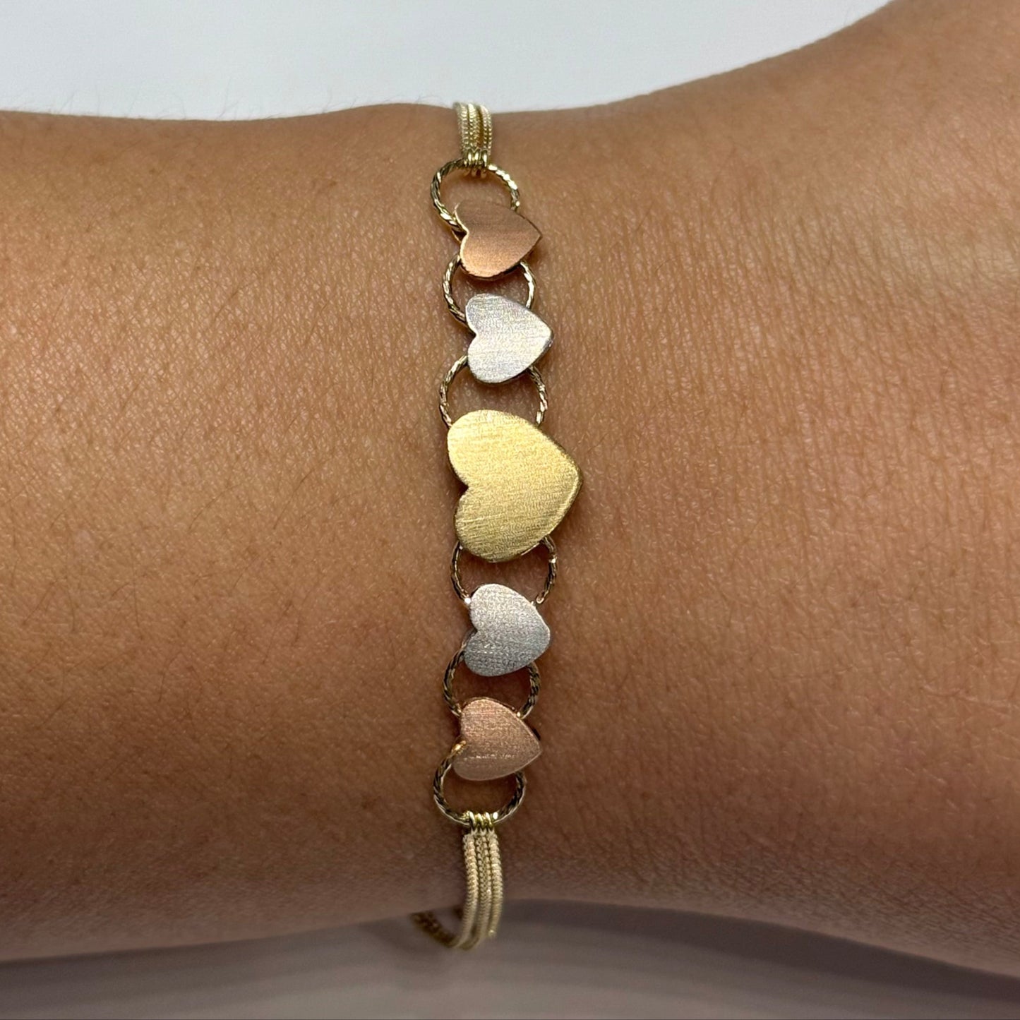 14k Tricolor Reversible Hearts Bracelet