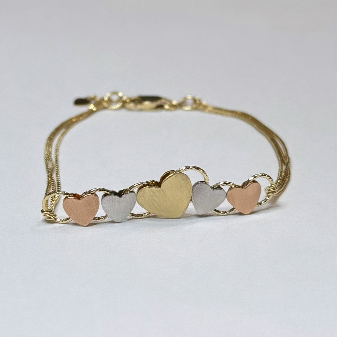 14k Tricolor Reversible Hearts Bracelet