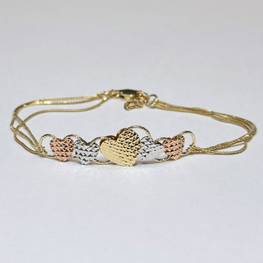 14k Tricolor Reversible Hearts Bracelet