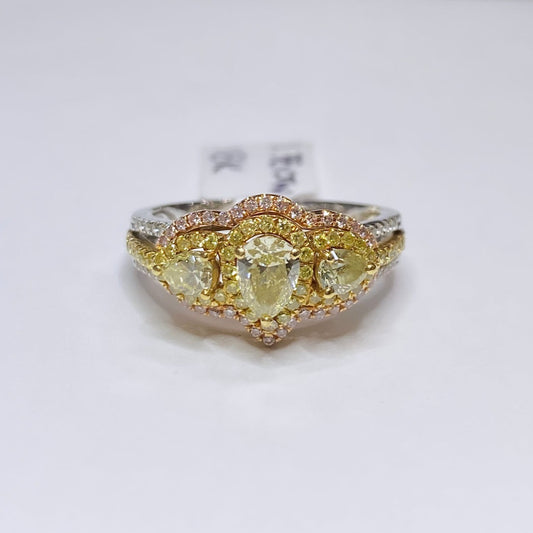 3 Stone Pear Yellow Diamonds W/Pink & White Diamonds