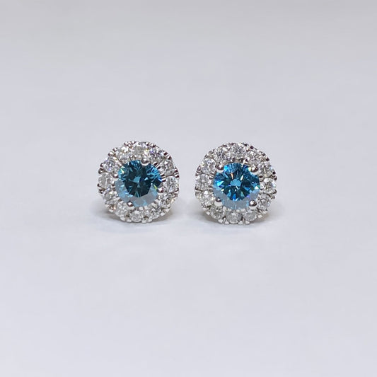 14k Blue Diamond Halo Stud Earrings 7/8ctw