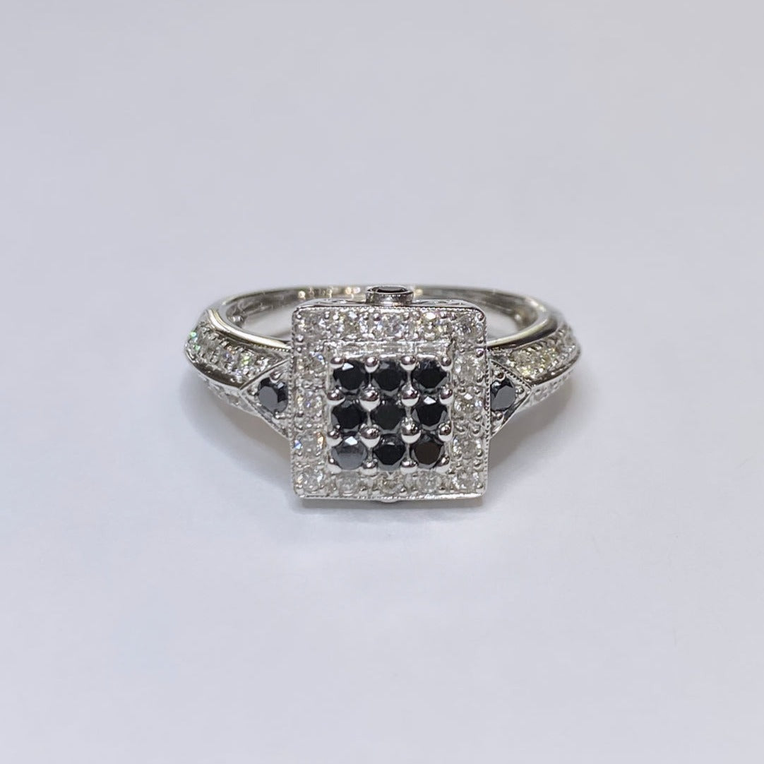 14k Square Frame Black & White Diamond Ring 1/2tcw