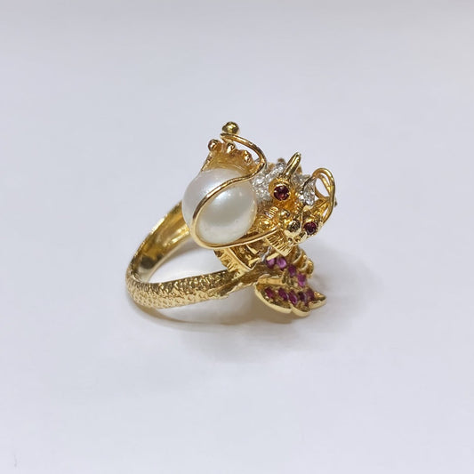 18k Dragon Ring W/Ruby & Pearl
