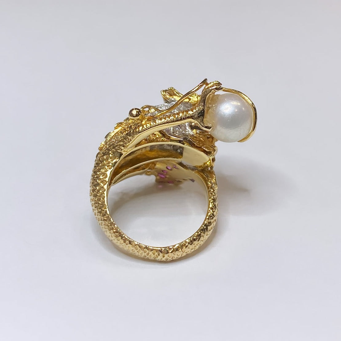 18k Dragon Ring W/Ruby & Pearl