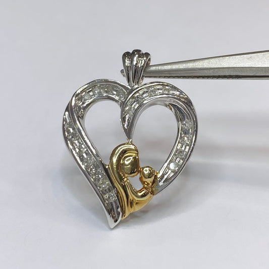 10k Two-tone Diamond Heart Pendant Mother & Child