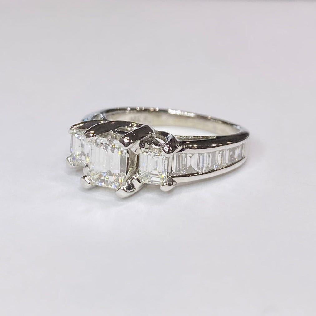 14k Three-stone Emerald Cut Engagement Ring