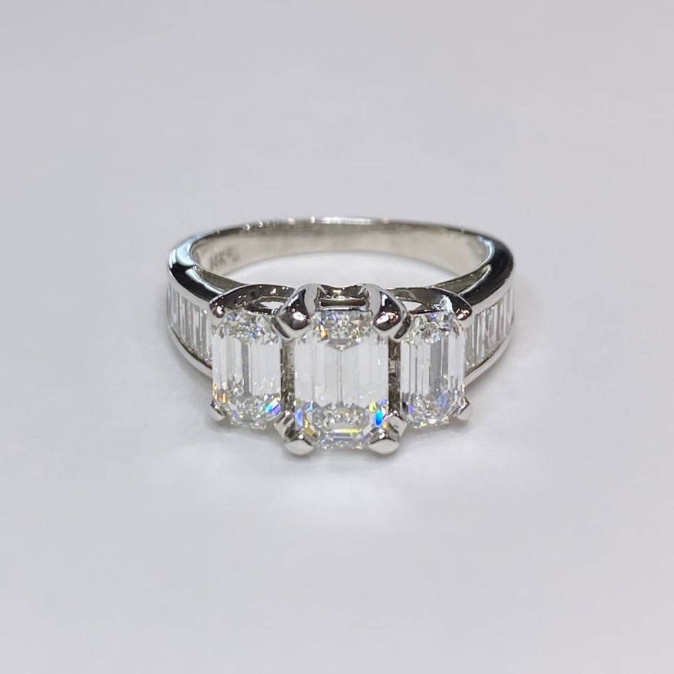 3.15tcw Certified Emerald Cut Diamond Three Stone Engagement Ring