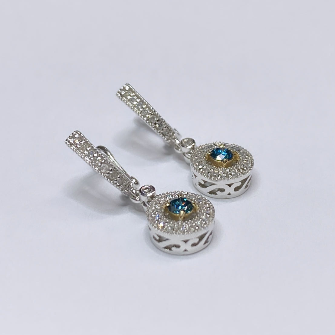 14k Blue Diamond & Halo Dangle Earrings