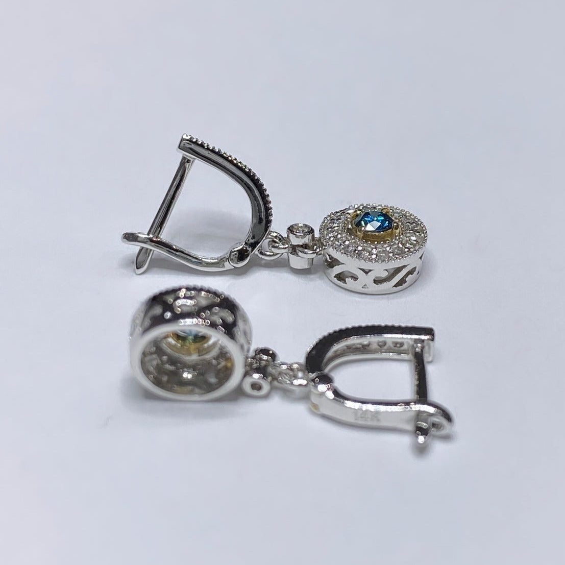 14k Blue Diamond & Halo Dangle Earrings